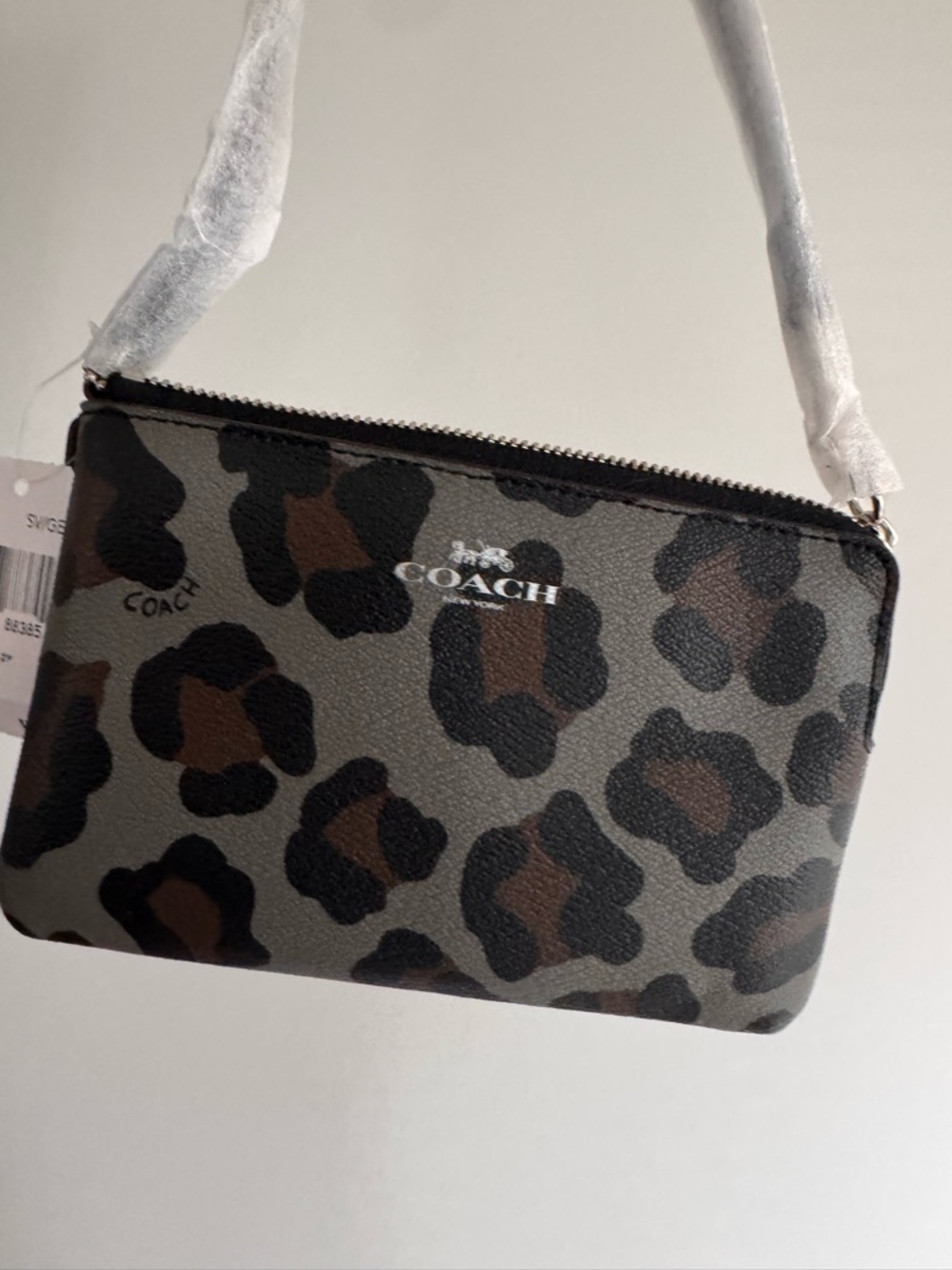 COACH Leopard Print Crossbody Wristlet - Gray & Brown